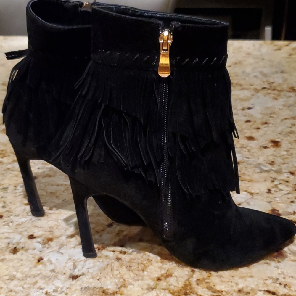 Black fringe booties faux suede